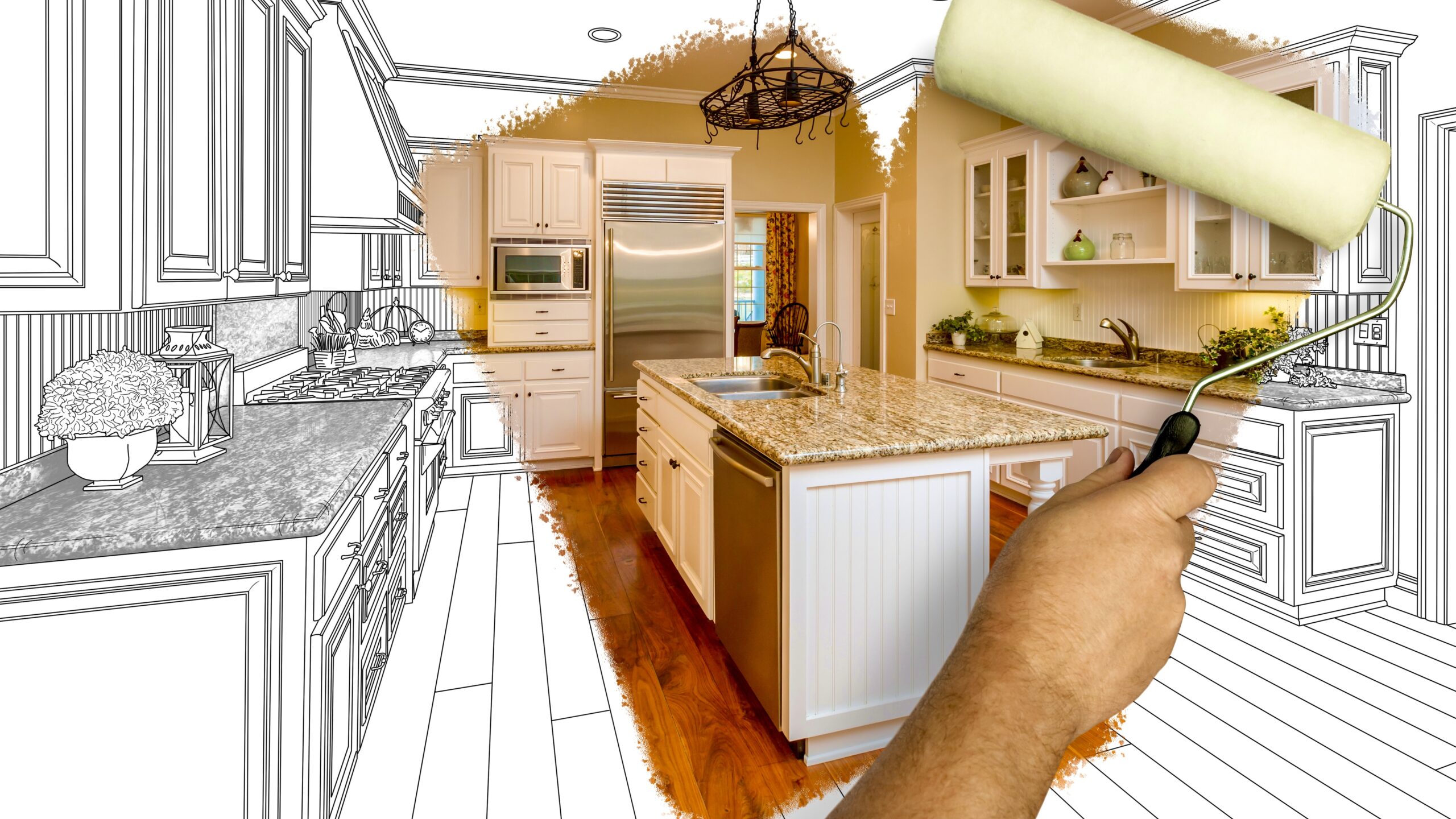 Before and After of Man Painting Roller to Reveal Newly Remodeled Kitchen Under Pencil Drawing Plans.